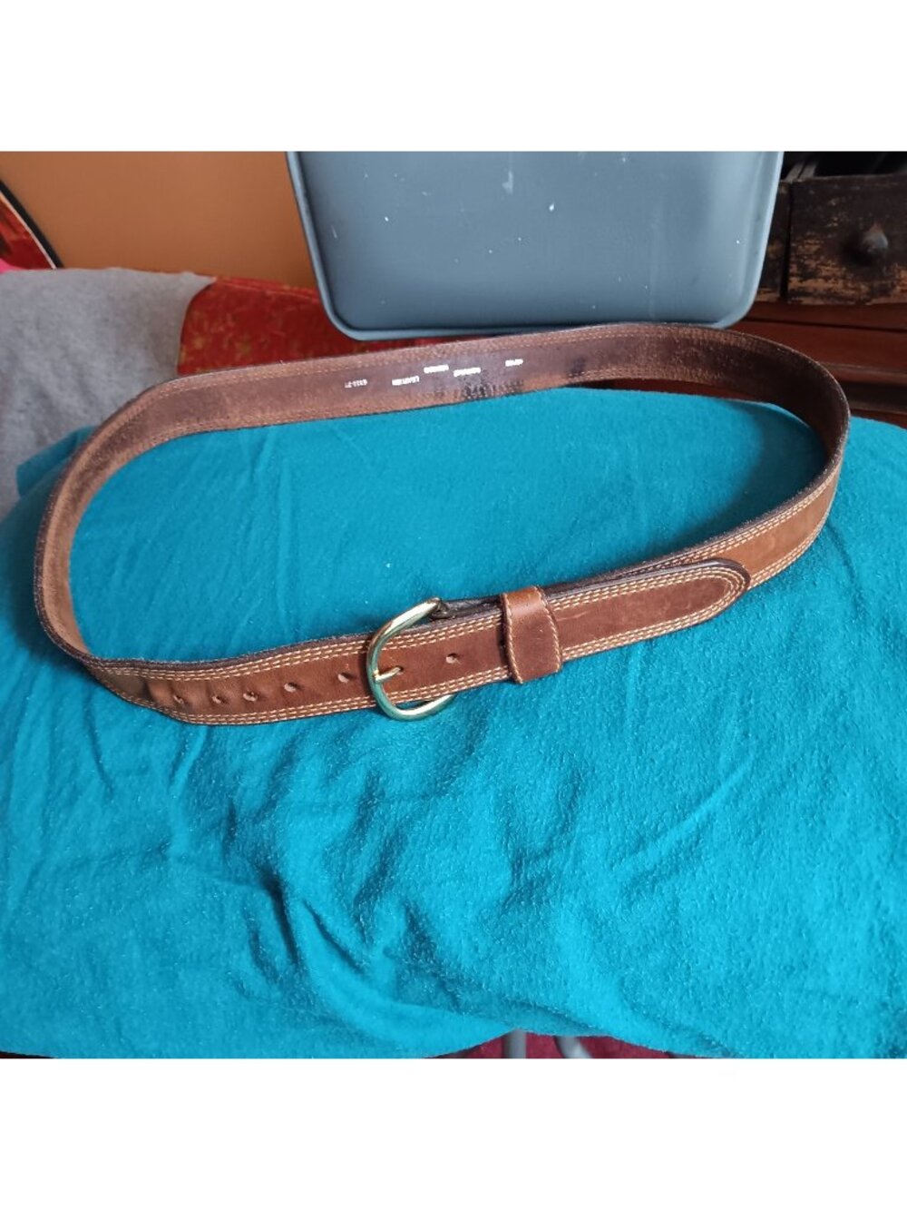 Vintage Mexican Hippie Belt 42 1980's Genuine Leather Brown Brass Buckle 42/105